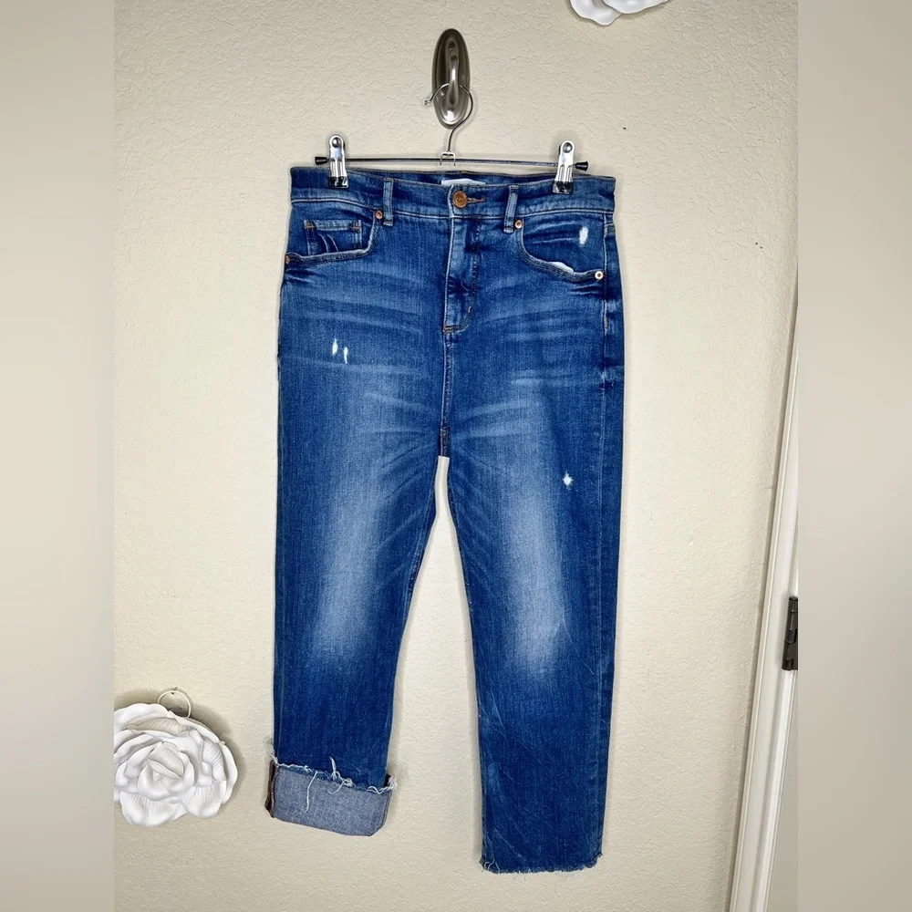 NTM: LOFT High Rise Straight Crop Jeans Medium Wash Distressed Raw Hem Size 27 - Picture 15 of 16